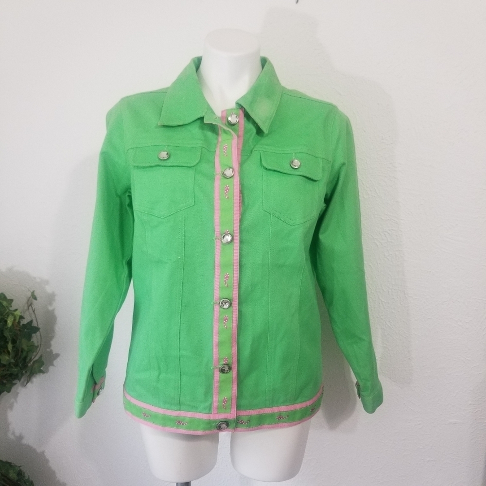 Quaker Factory Women Sz S Green Button Front Jacke